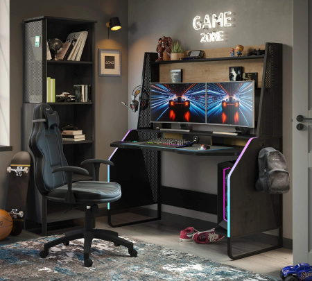 Birou gaming cu unitate superioară și iluminare RGB – Colecția Black (142x72x154 cm) [2]