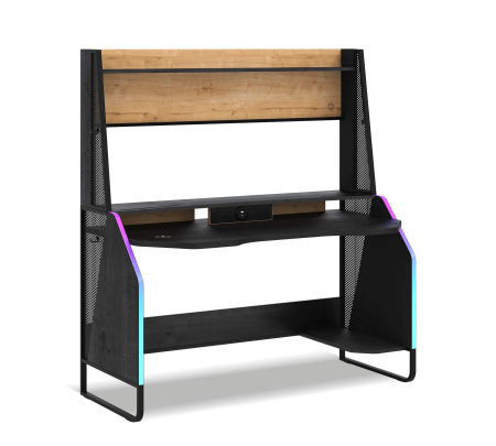 Birouri de studiu camera copii - Birou gaming cu unitate superioară și iluminare RGB – Colecția Black (142x72x154 cm)
