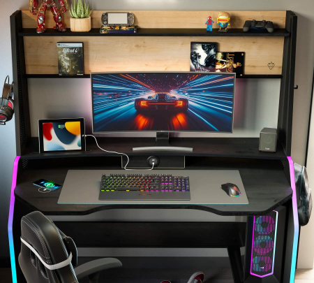 Birou gaming cu unitate superioară și iluminare RGB – Colecția Black (142x72x154 cm) [5]