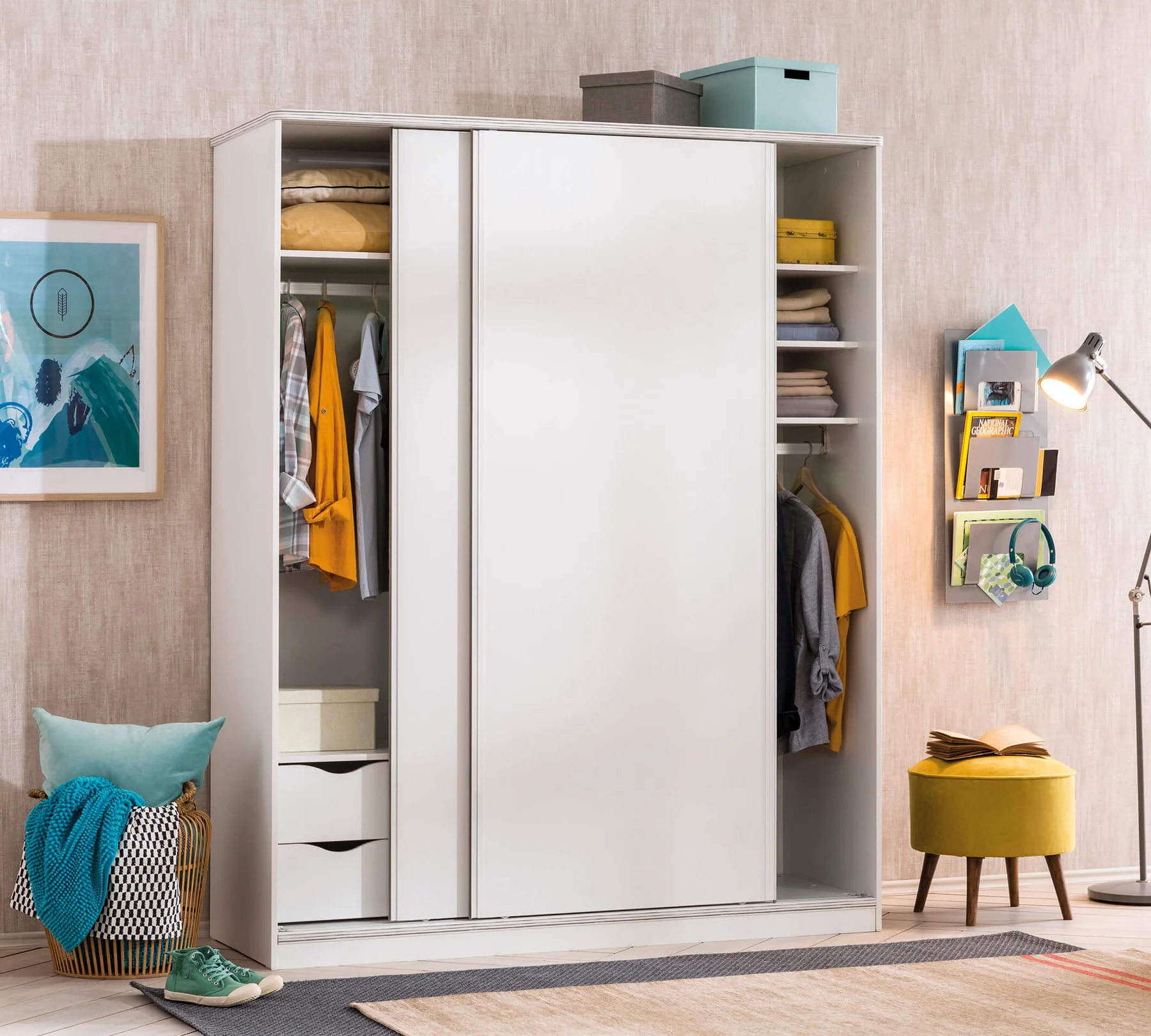 Dulap cu 2 usi glisante pentru tineret Colectia White, 164x59x206 cm [1]