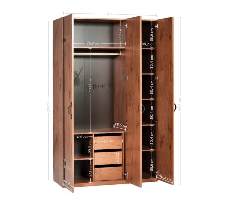 Dulap cu 3 usi, pentru copii Pirate Brown, 121x54x203 cm [3]