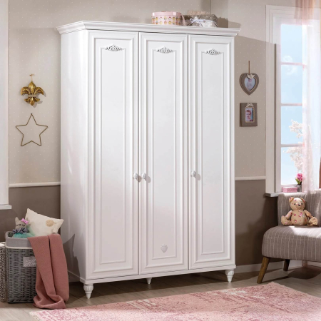 Dulapuri - Dulap cu 3 usi pentru copii si tineret Romantica White, 131x56x200 cm