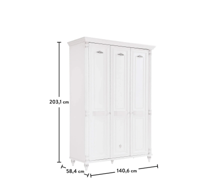 Dulap cu 3 usi, pentru copii si tineret Romantic White, 140x58x203 cm [7]
