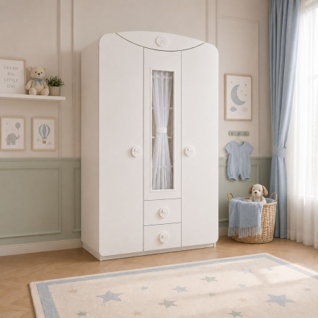Colectia Cotton Baby - Dulap cu 3 usi si 2 sertare, pentru copii Baby Cotton White