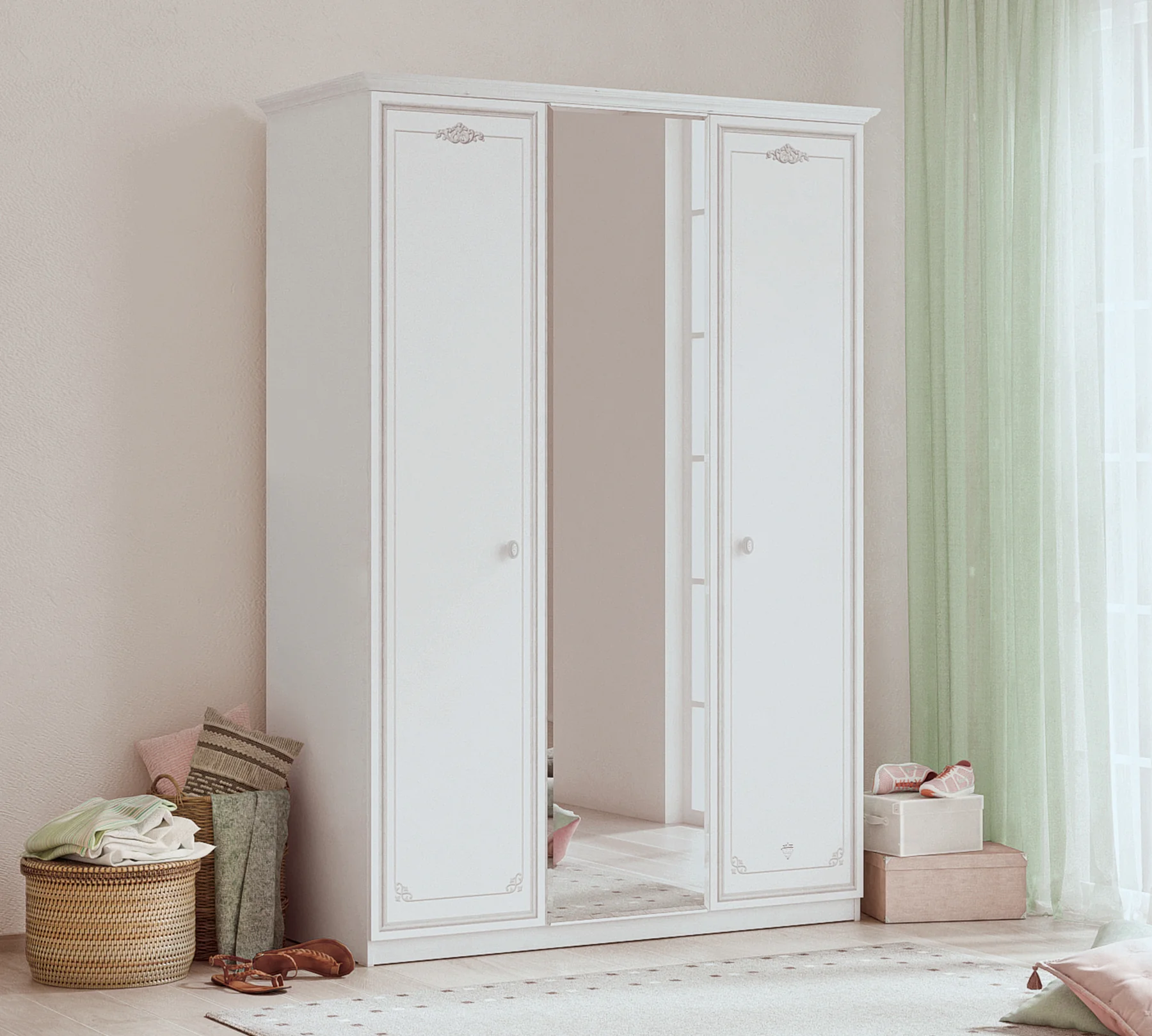 Colectia Selena Grey - Dulap cu 3 usi si oglinda pentru camera fetelor, Colectia Selena Grey