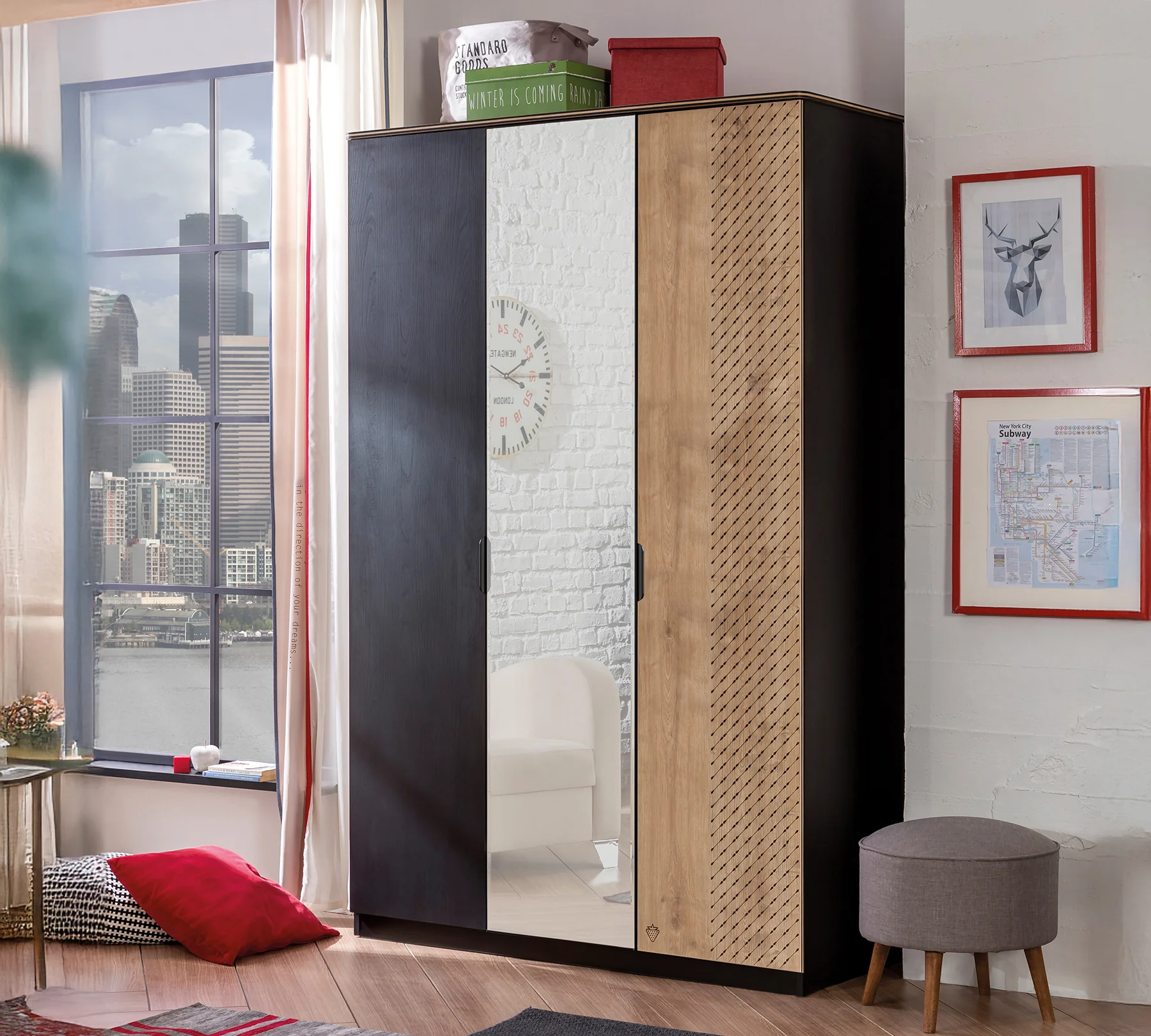 Dulapuri - Dulap din pal cu 3 usi si oglinda, pentru tineret Colectia Black, 137x59x210 cm