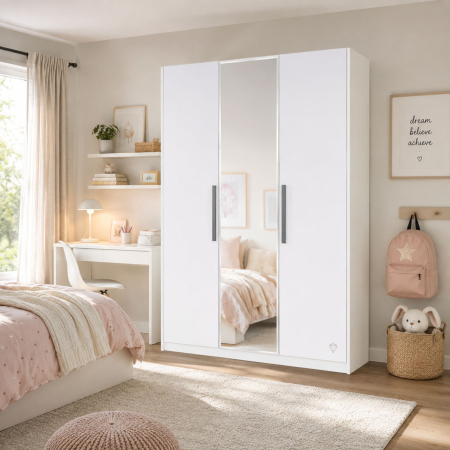 Dulap cu 3 usi si oglinda, pentru tineret Colectia White, 135x54x209 cm [1]