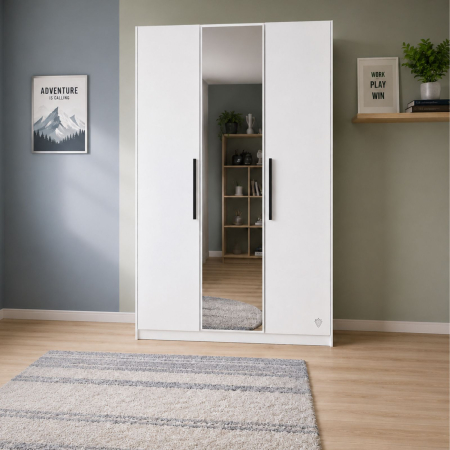 Dulapuri - Dulap cu 3 usi si oglinda, pentru tineret Colectia White, 135x54x209 cm