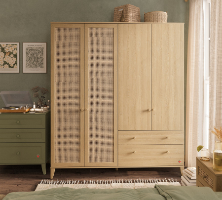 Detalii dulap Loof New cu ratan si lemn natural