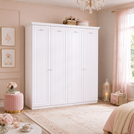 Dulapuri - Dulap cu 4 usi, pentru copii si tineret Romantica White, 188x56x214 cm