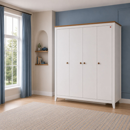 Catalog mobila - Dulap modern alb pentru copii, 4 uși, 180x58x207 cm, colecția Lucia