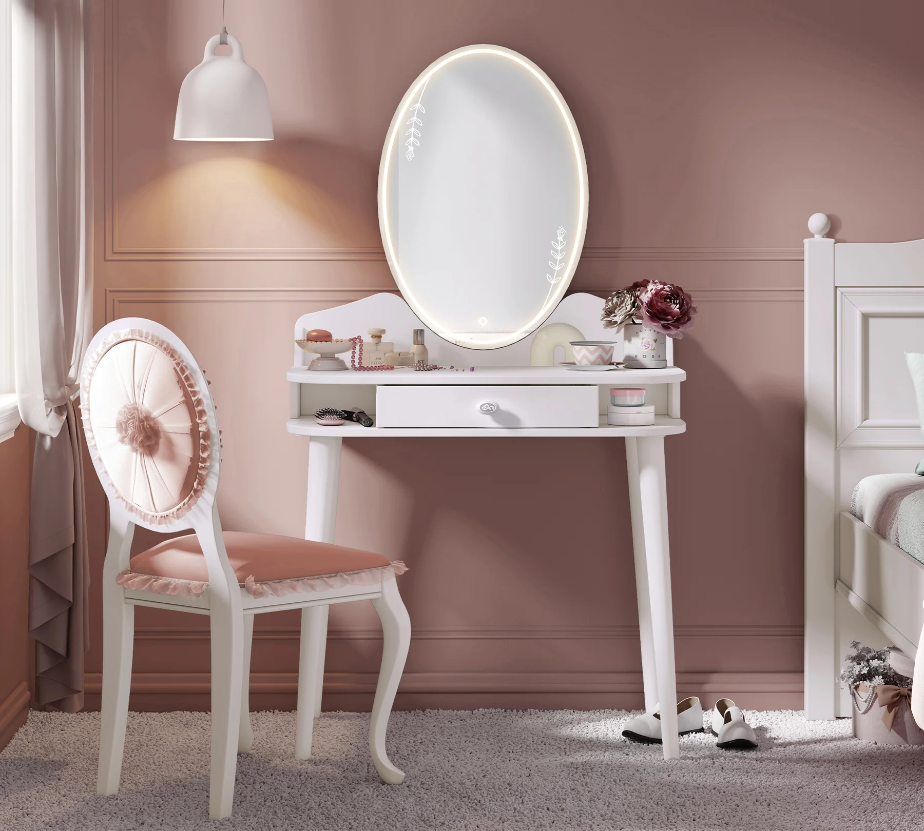 Masa de machiaj alba cu oglinda LED si picioare din lemn Colectia Elegance