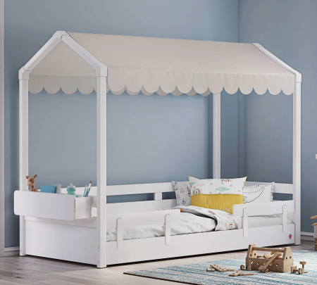 Paturi pentru fete - Pat 90x200 cm, cu acoperis crem, pentru camera copil, Colectia Montes White