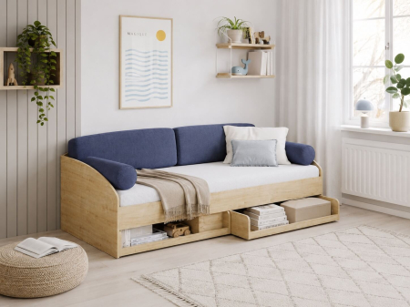 Paturi pentru adolescenti - Pat cu 2 sertare si 4 perne, pentru copii Daybed Stejar, 200 x 90 cm