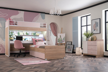 Paturi supraetajate - Pat etajat pentru copii cu spatiu de depozitare, birou pentru studii, Colectia  Angel City