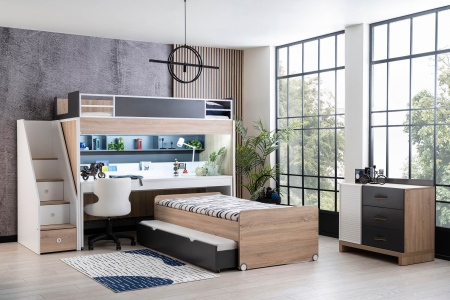 Paturi supraetajate - Pat etajat pentru copii cu spatiu de depozitare, birou pentru studii, Colectia New City