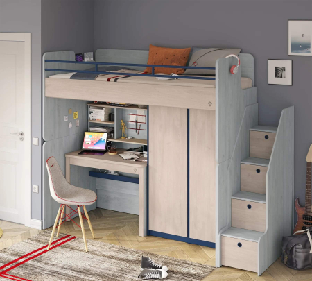 Colectia Studio - Pat etajat pentru copii Studio Mocha, cu birou si dulap – saltea 90x200 cm