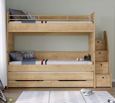 Colectia Studio - Pat etajat pentru copii Studio mocha, cu spațiu de depozitare – saltea 90x200 cm