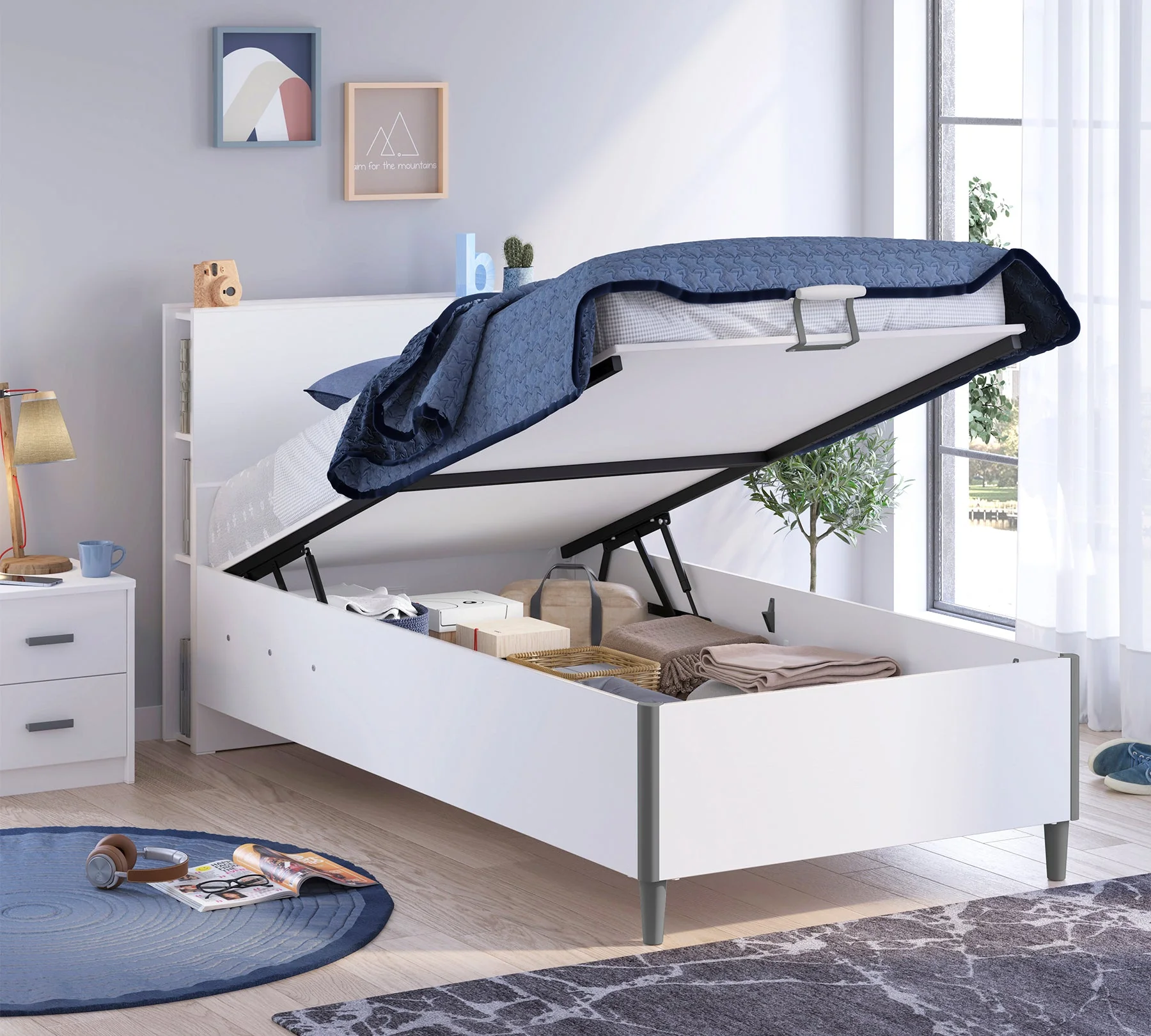 Paturi 100x200 cm - Pat fara tablie, cu spatiu de depozitare, Colectia White (100x200 cm)