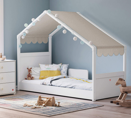 Paturi pentru fete - Pat 90x200 cm, cu copertina crem, pentru camera copil, Colectia Montes White