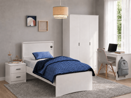 Colectia White - Set Mobila Camera Copii – White- Dulap, Pat, Birou, Scaun, Lustra, Noptiera