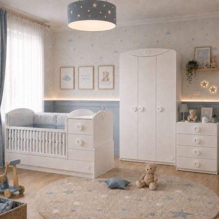 Colectia Cotton Baby - Set mobilier camera bebelus Cotton Baby, 3 piese – pat transformer, dulap 3 usi si comoda
