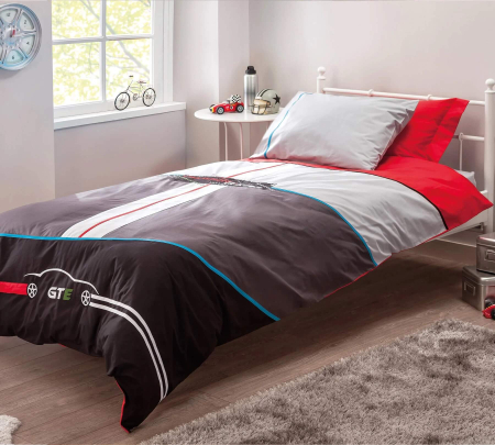 Set lenjerie pat copii cu husă pilotă 4 piese – tematică mașini de curse GTE, 100% bumbac, 160x216 cm [1]