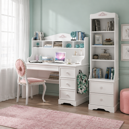 Birouri de studiu camera copii - Set Studiu Complet Rustic White – Birou + Biblioteca + Unitate Superioara