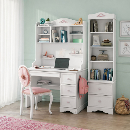 Colectia Rustic White - Set Studiu Complet Rustic White – Birou mic + Biblioteca + Unitate Superioara - Cilek