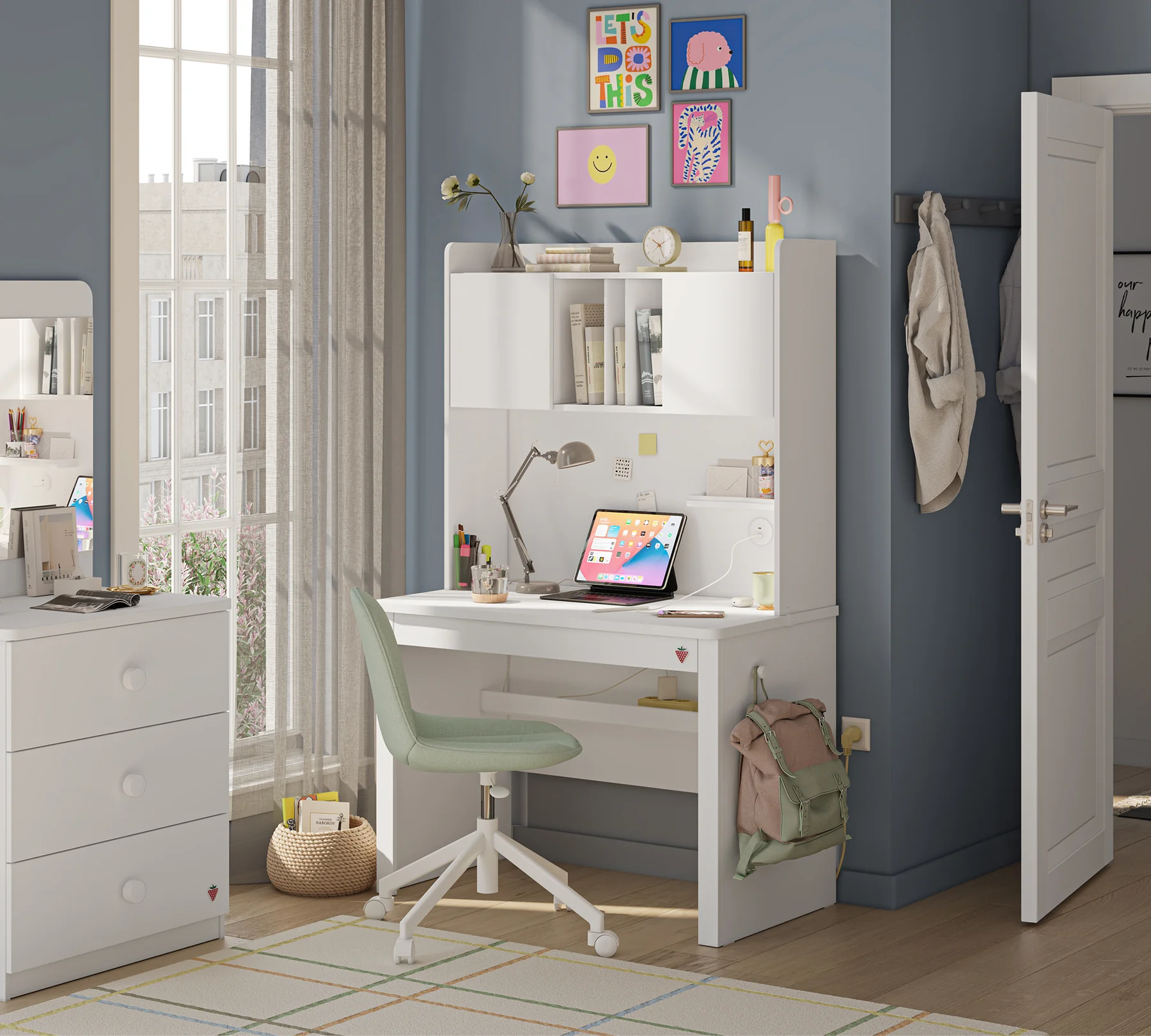 Colectia Varia - Set Studiu Modern Varia White- Birou + Biblioteca + Unitate Superioara