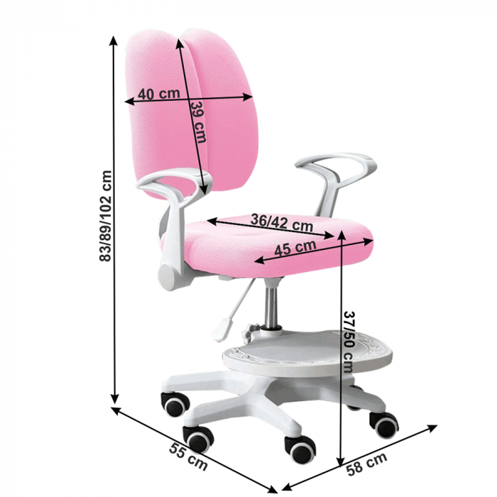 Scaun reglabil cu suport pentru picioare si curele, roz/alb, ANAIS [10]