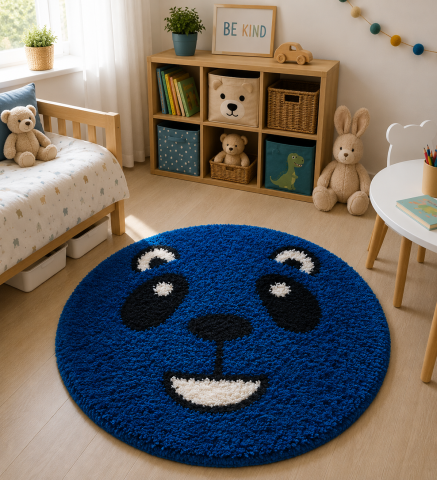 Covoare Copii - Covor Fantasy Panda, Albastru, 67x67 cm, Rotund, 2550 gr/mp