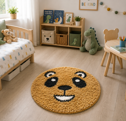 Covoare Copii - Covor Fantasy Panda, Galben, 67x67 cm, Rotund, 2550 gr/mp