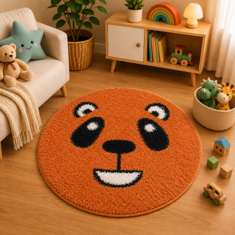 Covoare Copii - Covor Fantasy Panda, Portocaliu, 67x67 cm, Rotund, 2550 gr/mp