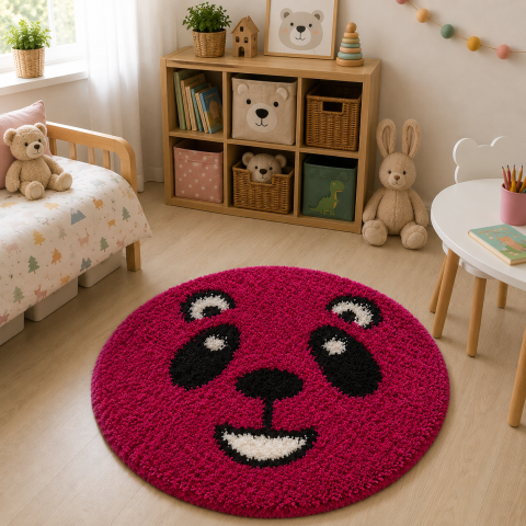 Covoare Copii - Covor Fantasy Panda, Roz, 67x67 cm, Rotund, 2550 gr/mp