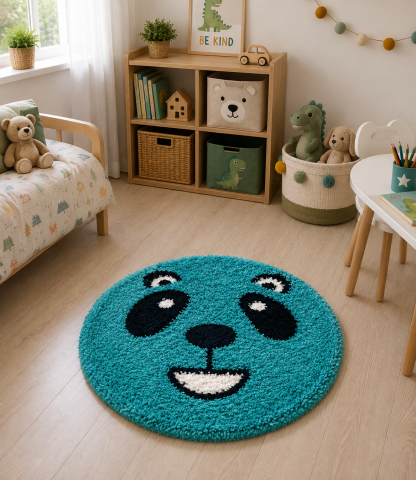 Covoare Copii - Covor Fantasy Panda, Turcoaz, 67x67 cm, Rotund, 2550 gr/mp