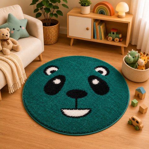 Covoare Copii - Covor Fantasy Panda, Verde, 67x67 cm, Rotund, 2550 gr/mp