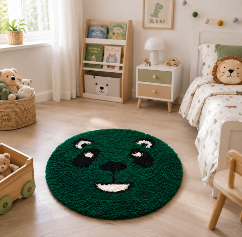 Covoare Copii - Covor Fantasy Panda, Verde, 67x67 cm, Rotund, 2550 gr/mp