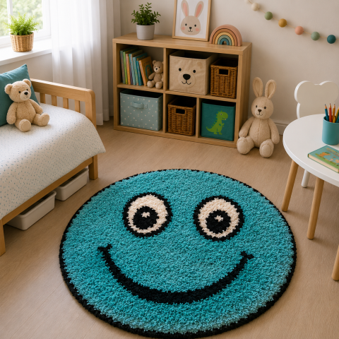 Covoare Copii - Covor Fantasy Smile, Turcoaz, 67x67 cm, Rotund, 2550 gr/mp