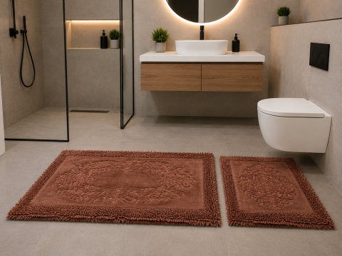 Covorase Baie - Set 2 Covorase Baie, Rombs 10 Maro, Covor 100% Bumbac, Dimensiunea 60x100 cm