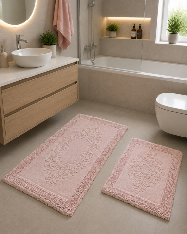 Covorase Baie - Set 2 Covorase Baie, Rombs 10 Roz, Covor 100% Bumbac, Dimensiunea 60x100 cm