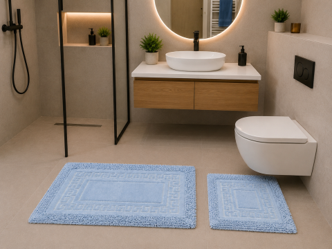 Covorase Baie - Set 2 Covorase Baie, Rombs 12 Albastru, Covor 100% Bumbac, Dimensiunea 60x100 cm