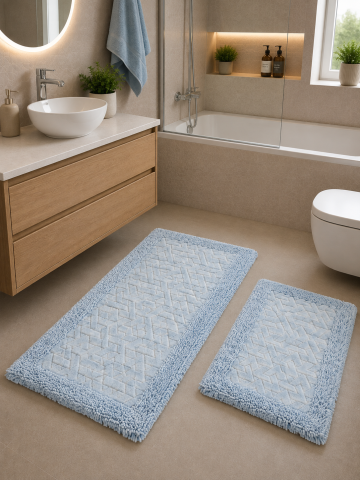 COVORASE - Set 2 Covorase Baie Model Rombs 13 Albastru, Marime 60x100 cm si 50x60 cm, 100% Bumbac, Baie