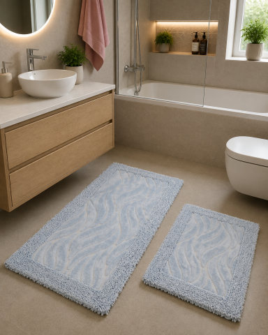 COVORASE - Set 2 Covorase Baie Model Rombs 14 Albastru, Marime 60x100 cm si 50x60 cm, 100% Bumbac, Baie
