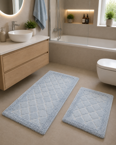 Covorase Baie - Set 2 Covorase Baie, Rombs Albastru, Covor 100% Bumbac, Dimensiunea 60x100 cm