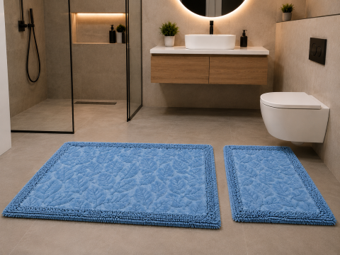 Covorase Baie - Set 2 Covorase Baie, Leaves 02 Albastru, Covor 100% Bumbac, Dimensiunea 60x100 cm