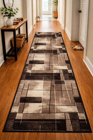 Traverse Moderne si Geometrice - Traversa Model Print Hanoi ,Maro, Suport Pasla, Latime 200 cm, 820 gr/mp