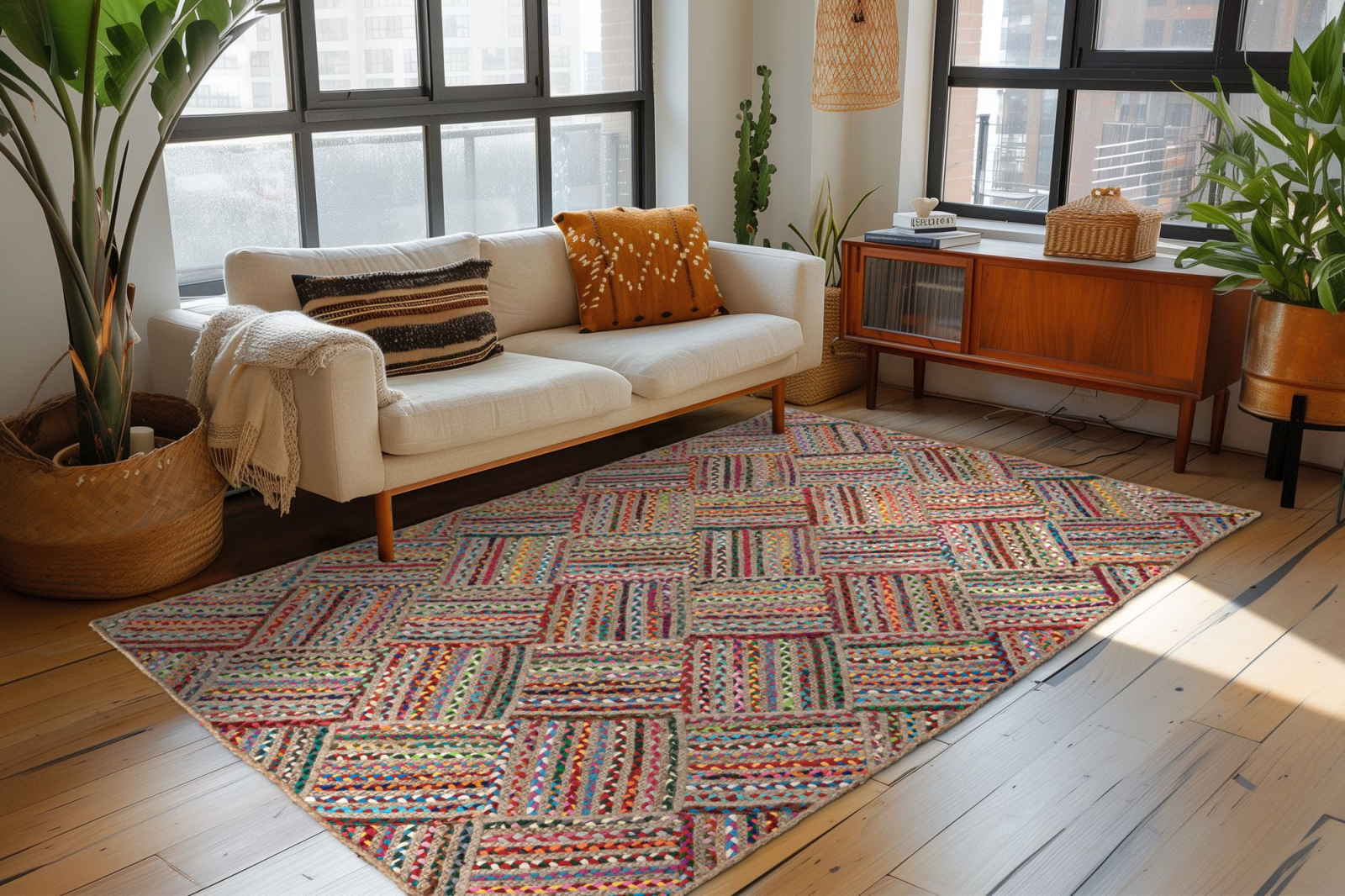 Covor Abstract Model Boho Tulum 355, Multicolor, Marime 80 x 150 cm, Inaltime Fir 6 mm, 60% Bumbac 40% Iuta, Living, Dormitor, Sufragerie, Birou [2]