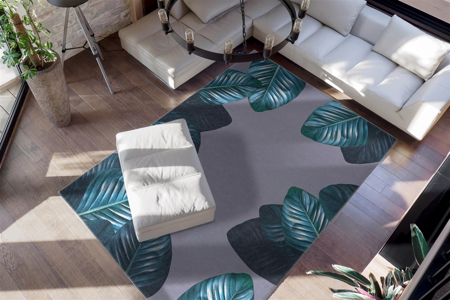 Covor Abstract Model Tropical 125, Gri/Verde, Marime 130 x 190 cm, Inaltime Fir 6 mm, 100% Poliester, Living, Dormitor, Sufragerie, Birou [2]
