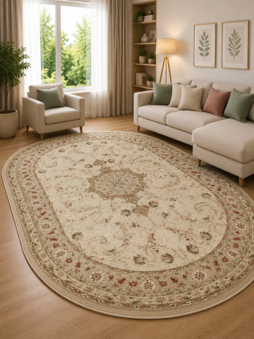 Covoare Clasice - Covor Clasic, Lotos 523, Crem,Oval, Diverse Dimensiuni, 1800 gr/mp